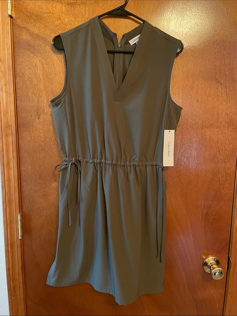 Calvin Klein Sleeveless Olive V-Neck Drawstring Waist Dress